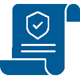 Blue icon of a scroll with a shield and checkmark.