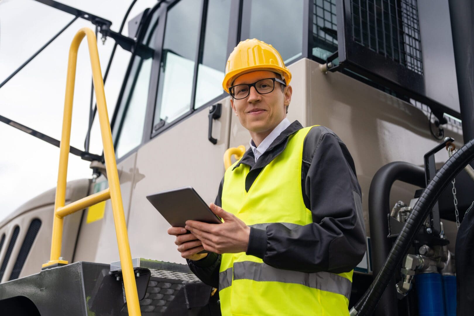 Engineer in safety gear holding a tablet at a construction site.